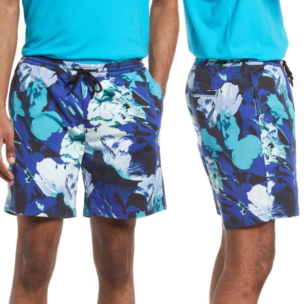 New Nordstrom Print Elastic Waist Shorts Blue Mens Size Medium Beach Drawstring